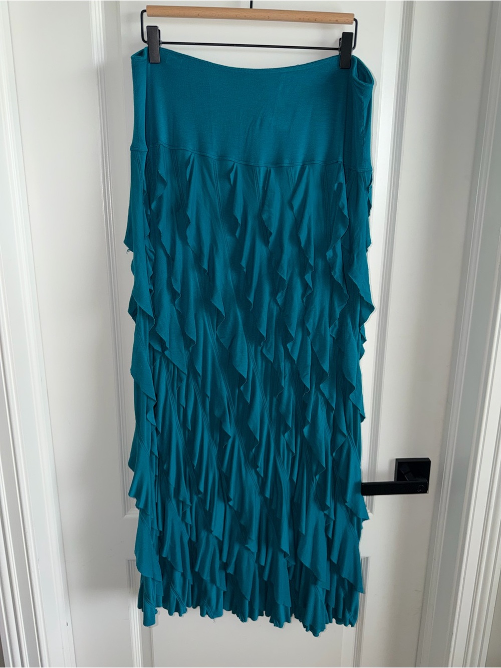 Soft Surroundings Women’s Large Teal Ruffle Tiered Maxi Skirt Boho Stretch